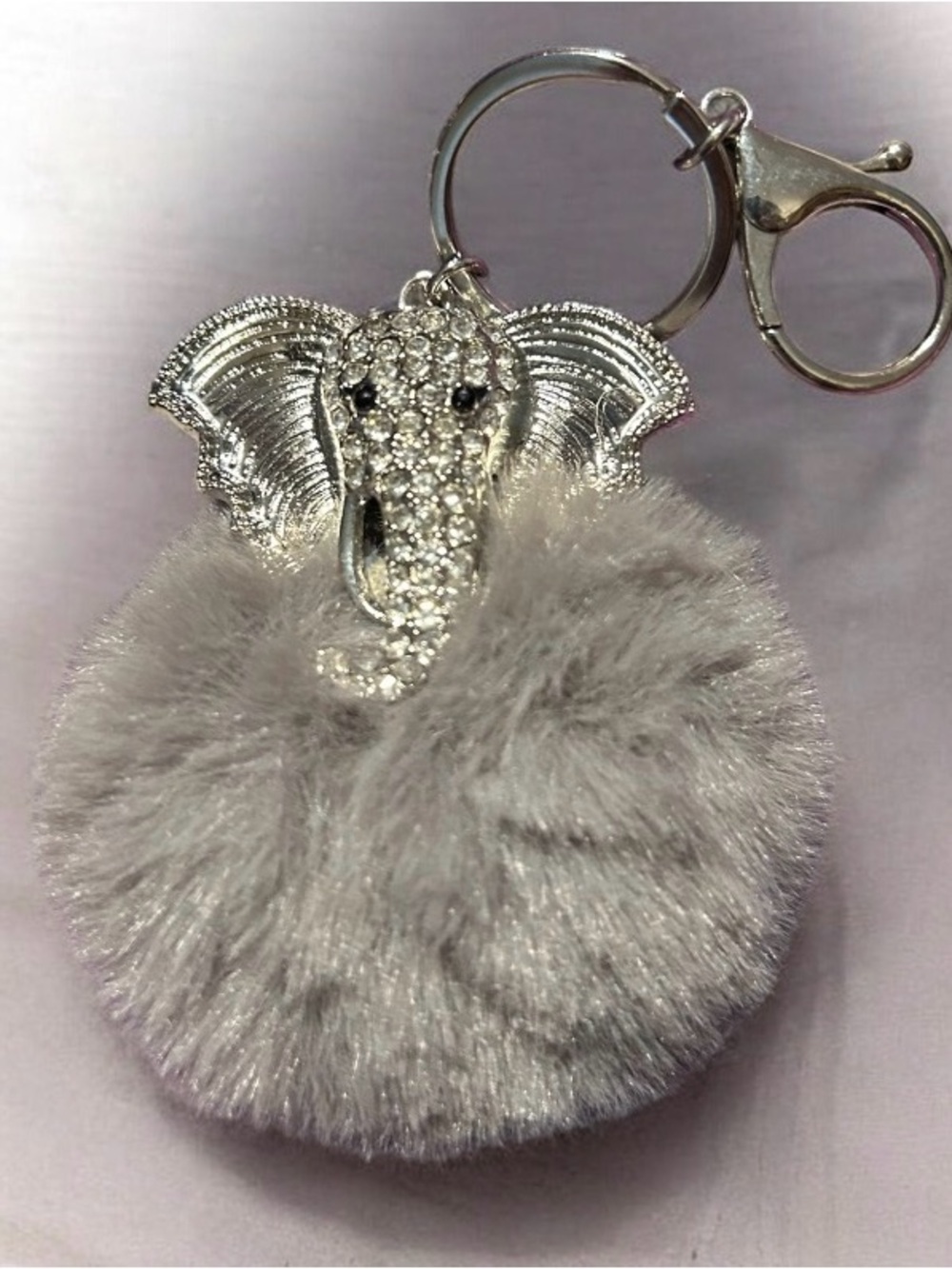 Gray Elephant Crystal Pom Pom Keychain - Picture 1 of 3